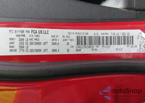 2019 Dodge Durango R/T z USA, uszkodzony, nr VIN 1C4SDJCT0KC548722